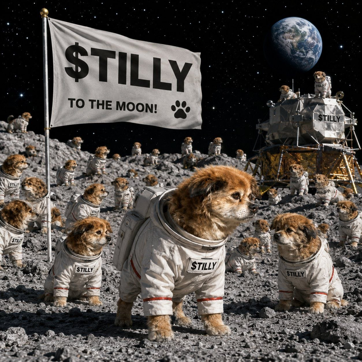 Tilly dogs in astronaut suits on the moon