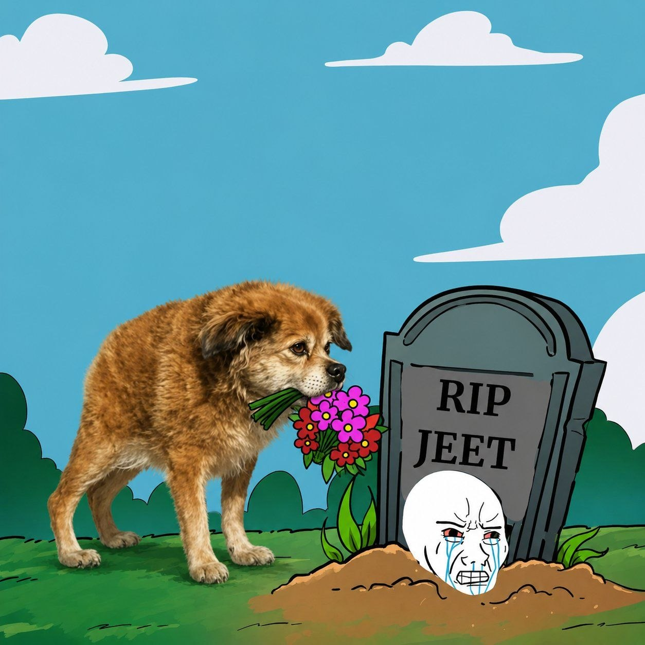 Tilly bringing flowers to a grave marked RIP JEET