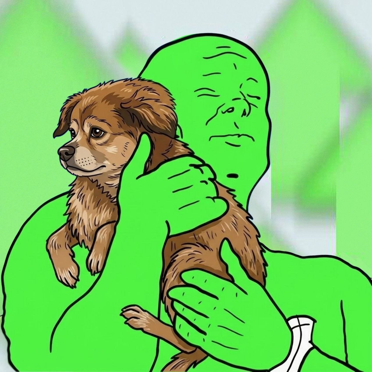 Green character lovingly holding Tilly