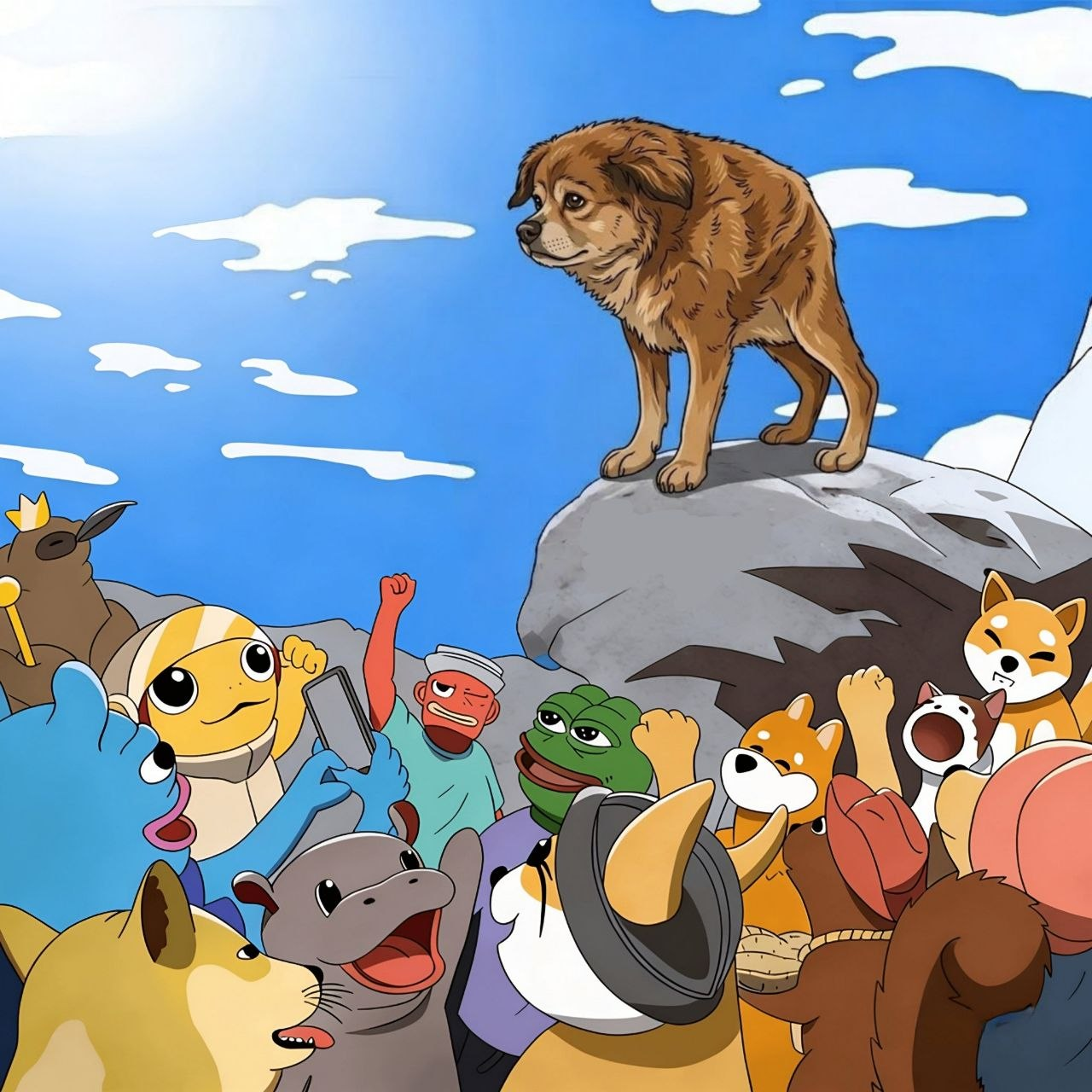 Tilly standing above a cheering meme community
