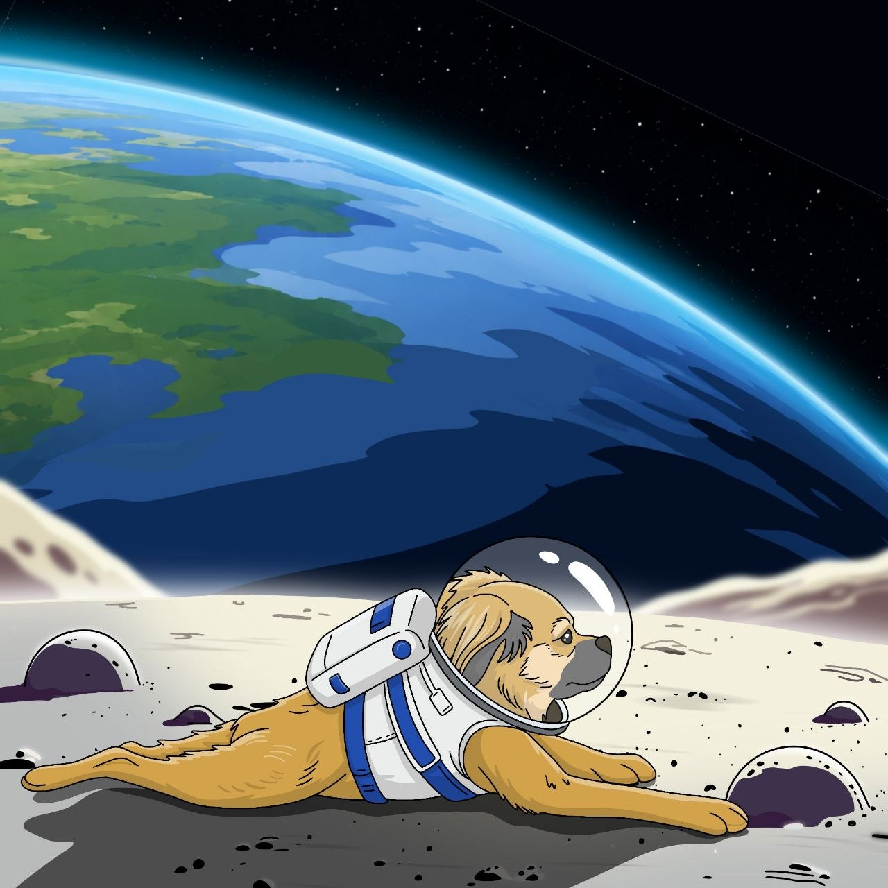 Illustrated Tilly astronaut resting on the moon